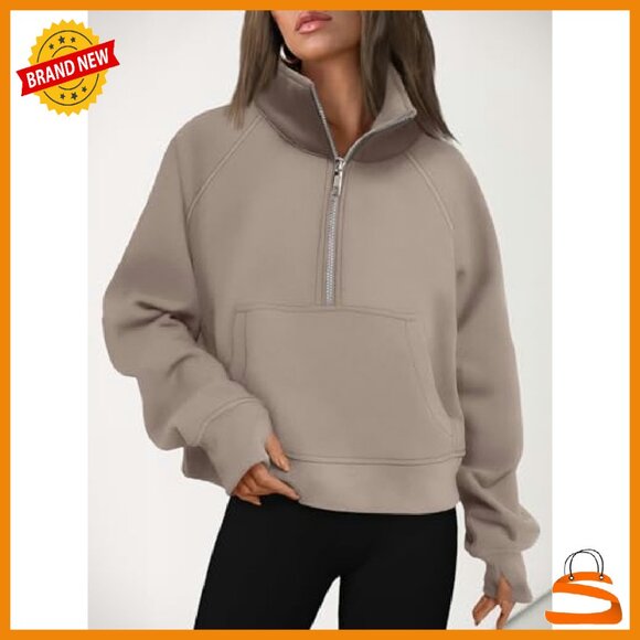 Cropped Half-Zip Fleece Hoodie with Thumb Holes & Pockets - Picture 7 of 8